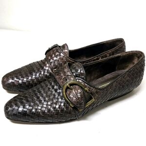 Sesto Meucci Brown Flats & Loafers with Woven Leather and Decorative Buckle 7N